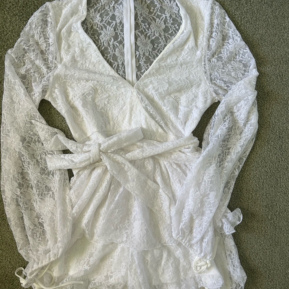 Lucy in the Sky Elegant White Lace Wrap Romper